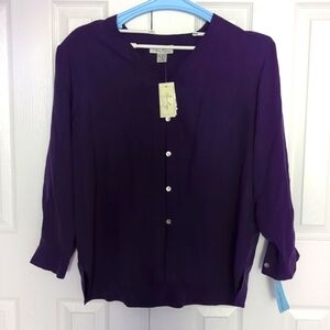 NWT Anne Carson Purple 100% Pure Silk Blouse V neck Button Up Plus Size 1X